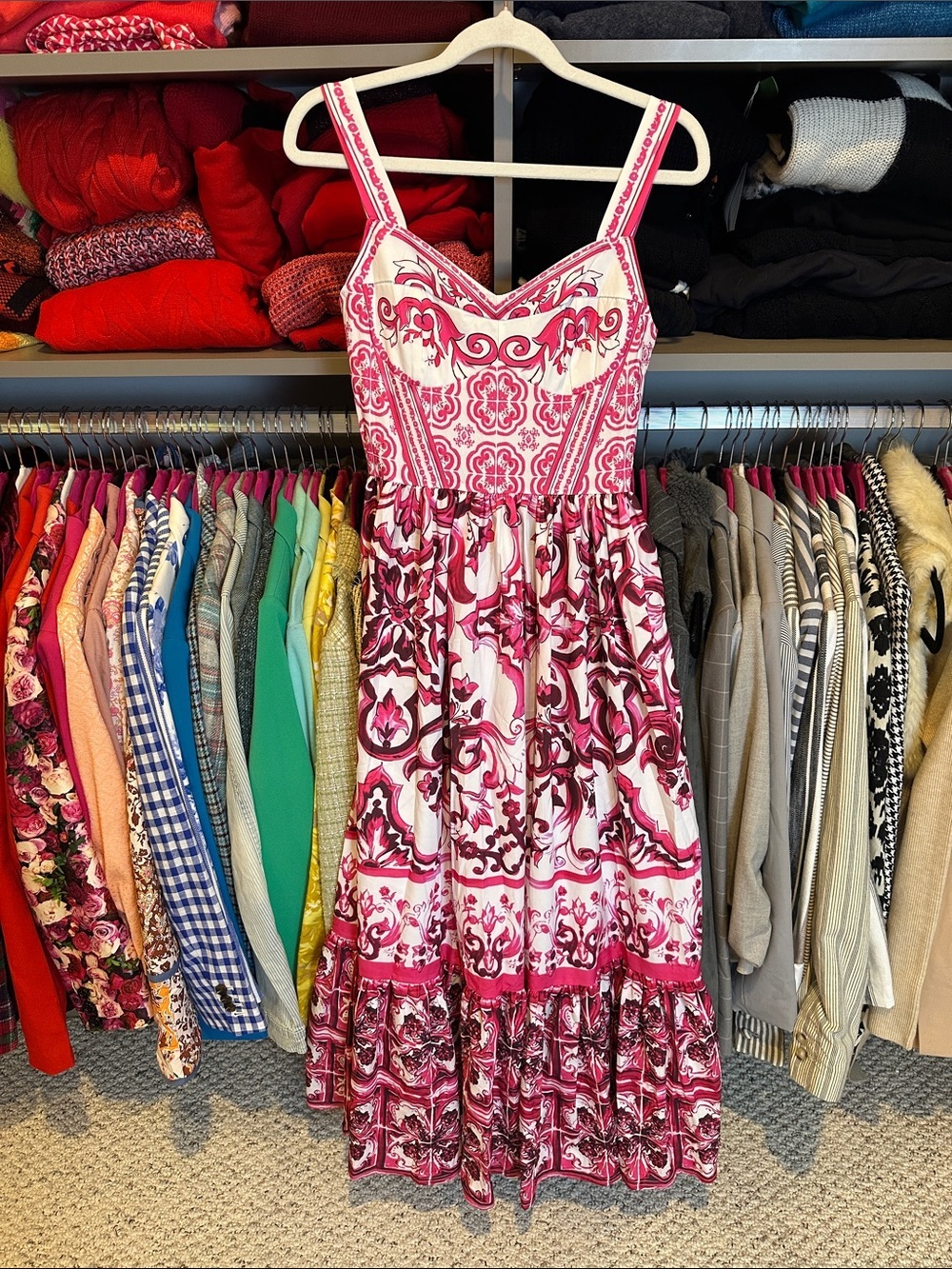 Unbranded pink/white print sleeveless back zipper smocked maxi dress size S NWOT